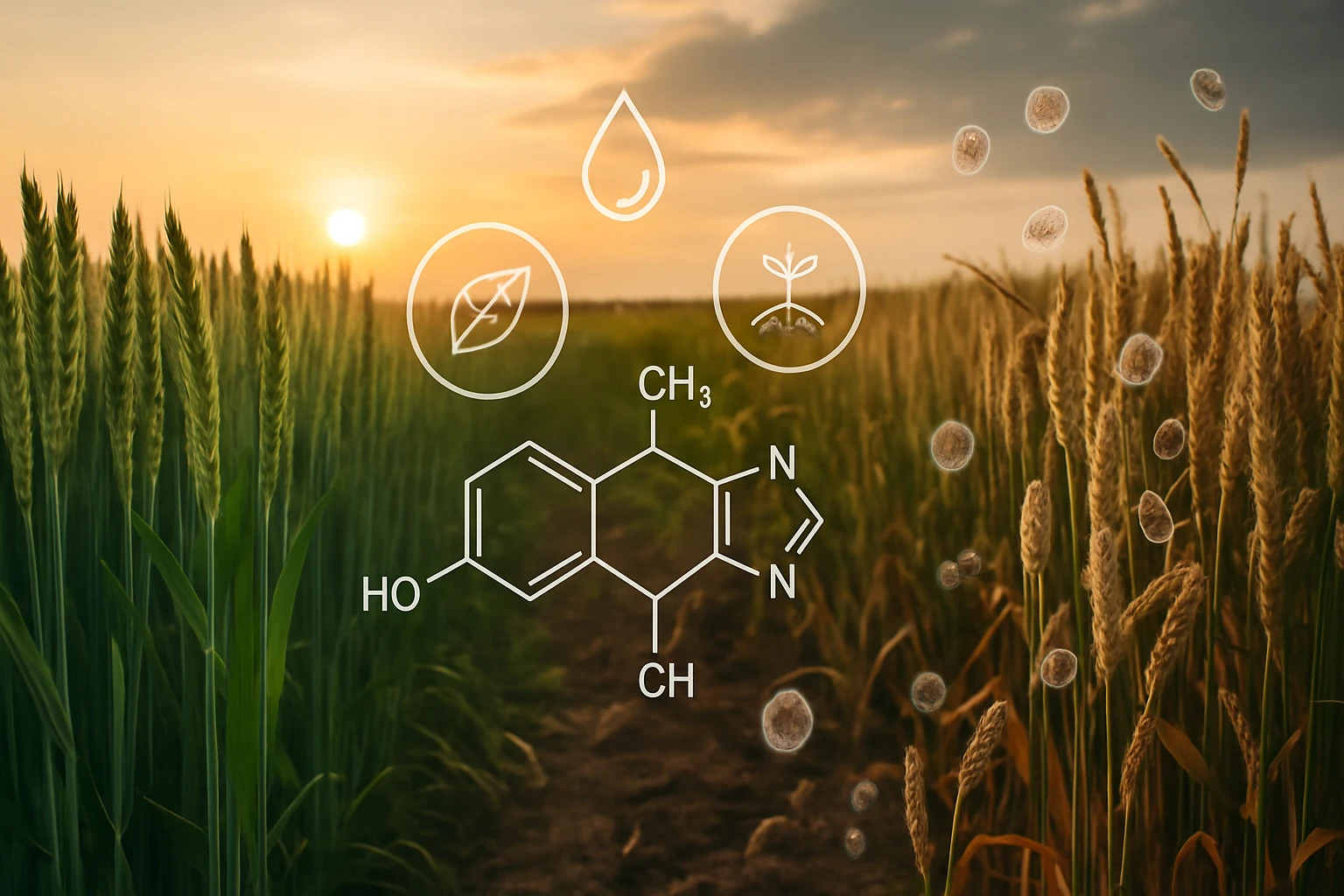Zelené pole pšenice s chemickými symbolmi a ikonami rastlín na pozadí západu slnka.