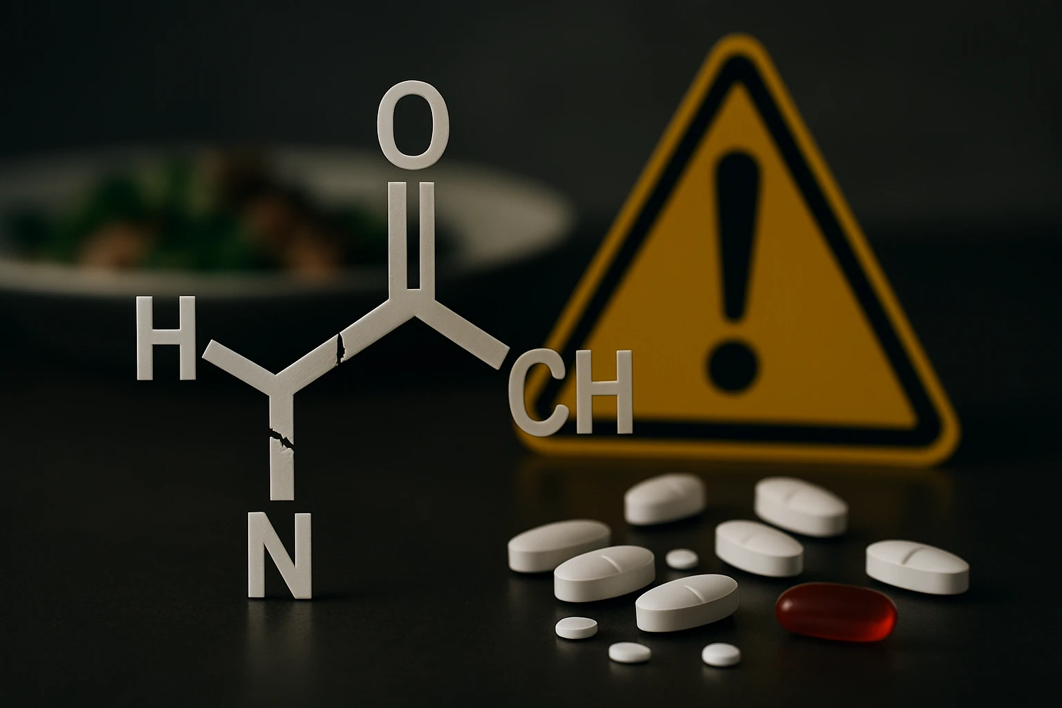 Molekulárna štruktúra s chemickými symbolmi a liekmi na stole.