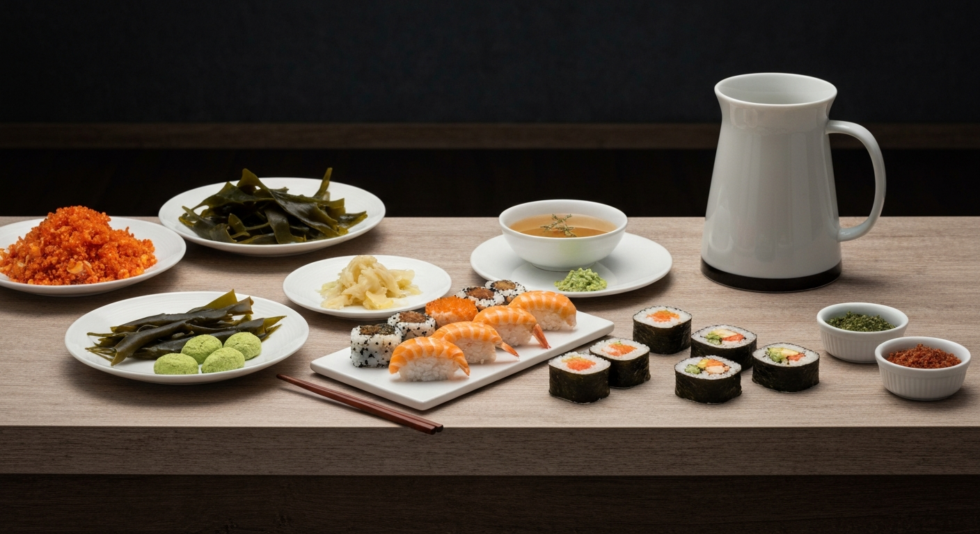 Rôzne druhy sushi a príloh na drevenom stole, vrátane polievky a omáčok.