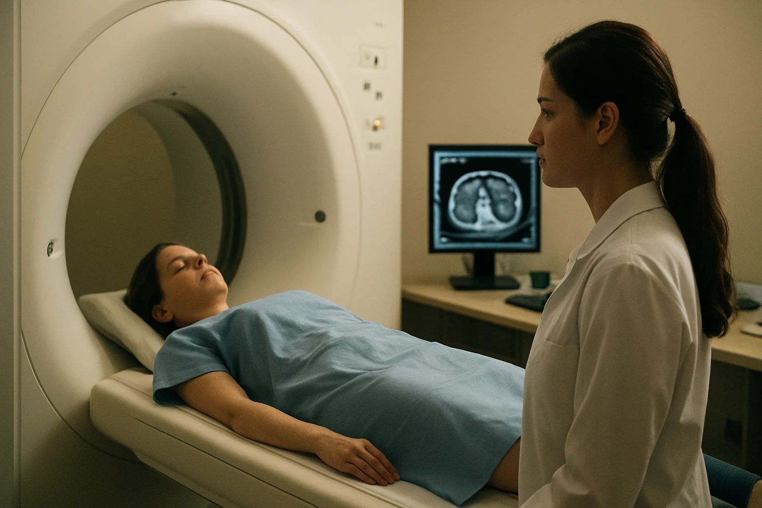 Žena ležiaca na vyšetrovacom stole pred CT prístrojom, lekárka ju pozoruje.