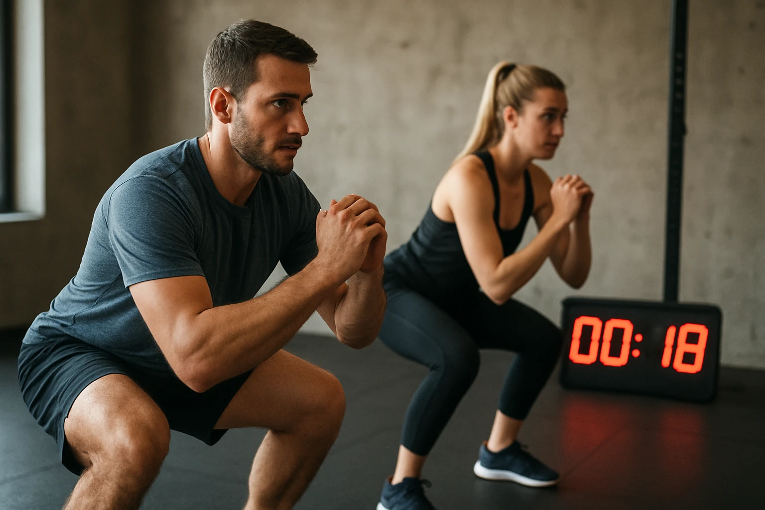 Muži a ženy cvičia drep v moderne zariadenej telocvični.