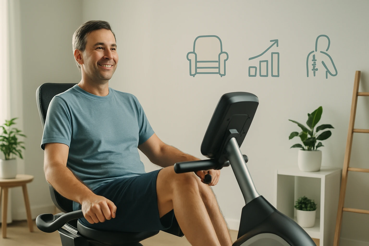 Muž cvičí na stacionárnom bicykli v moderne zariadenej miestnosti.