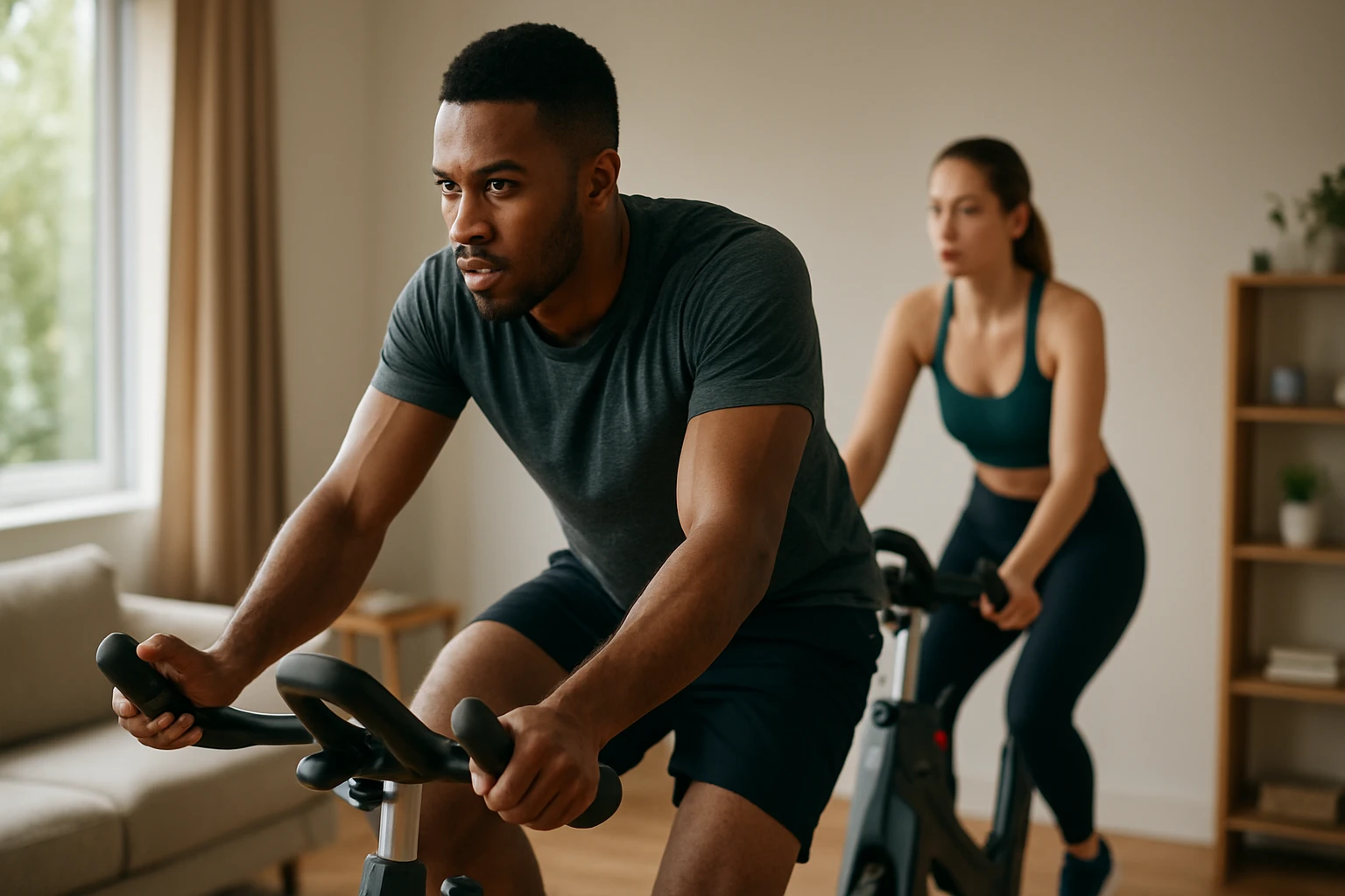 Dve osoby cvičia na stacionárnych bicykloch v útulnej miestnosti.