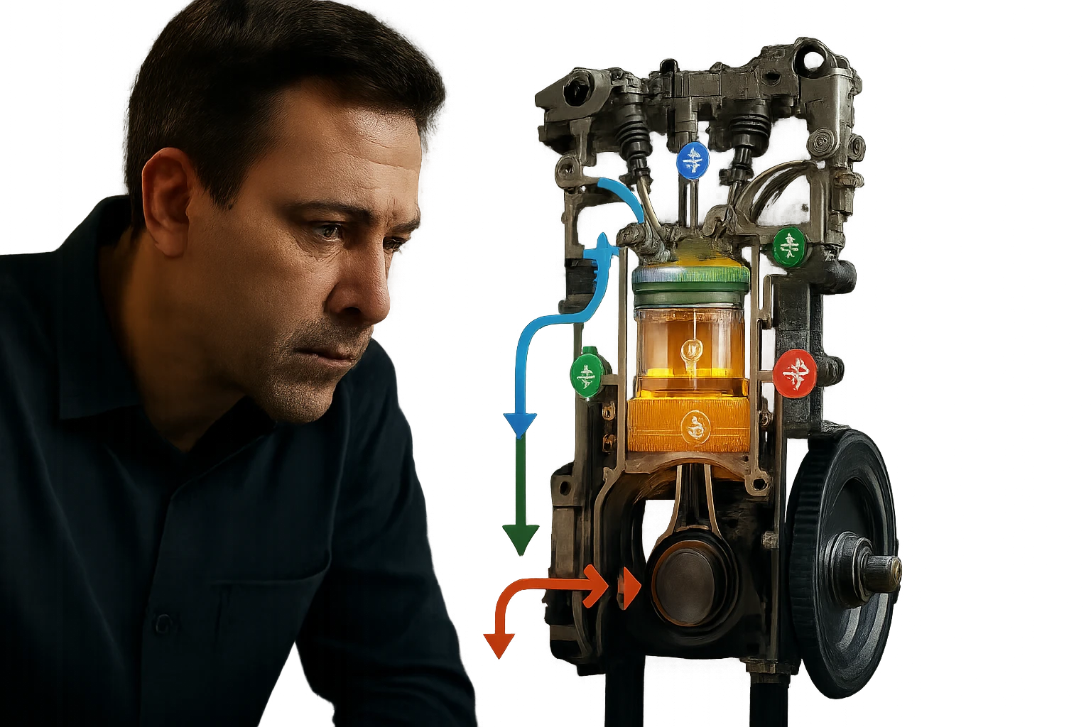 Muž pozoruje detailne zobrazený motor s farebnými označeniami.