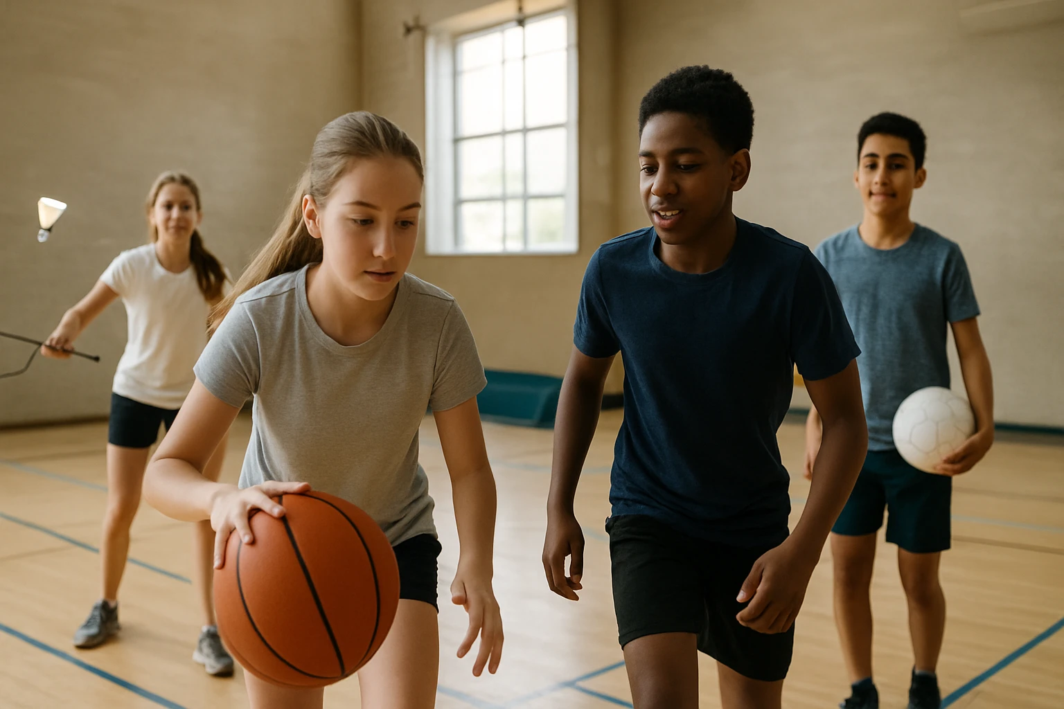 Skupina detí hrá basketbal v telocvični, aktívne sa zabávajú.