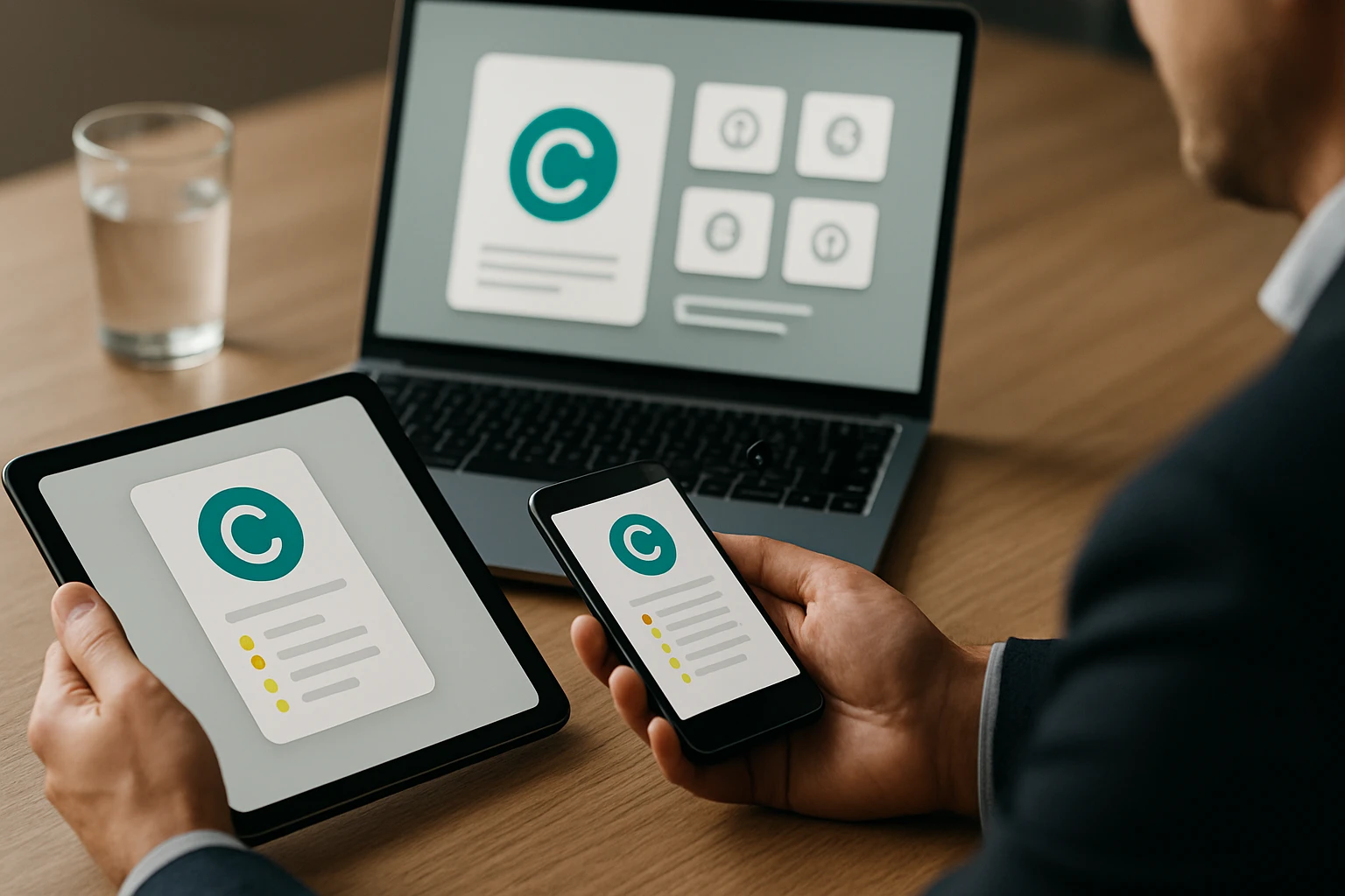 Muž drží tablet a mobil, mindkettőn dokumentum látható a képernyőn.