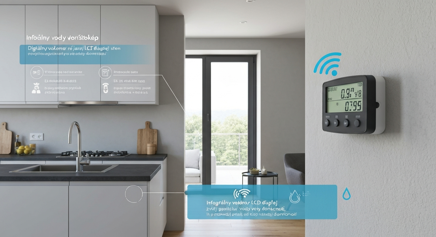 Moderná kuchyňa s digitálnym vodomerom na stene a kuchynskými potrebami.