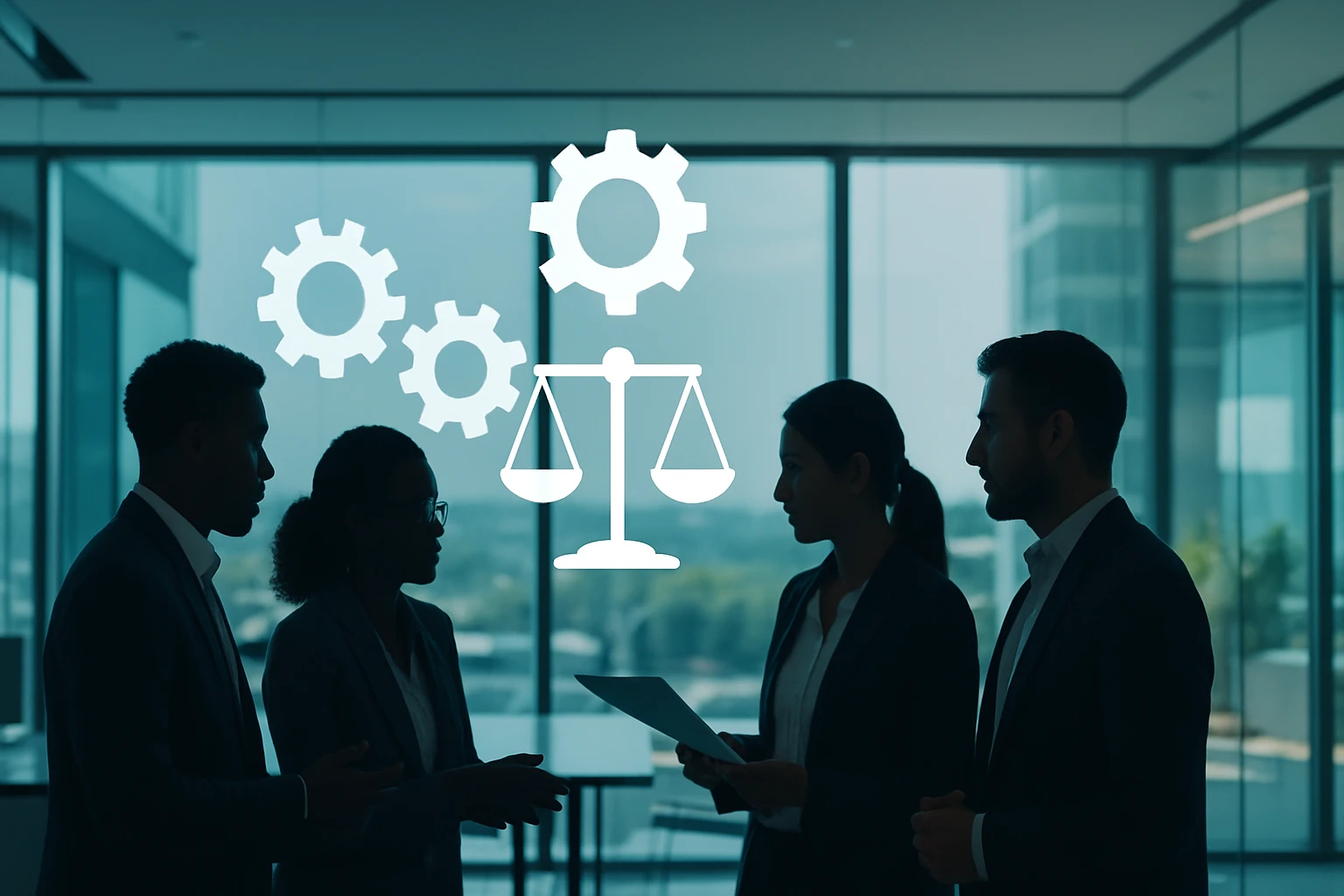 Skupina profesionálov diskutuje egy modern irodában, háttérben fogaskerekek és mérleg ikonok.