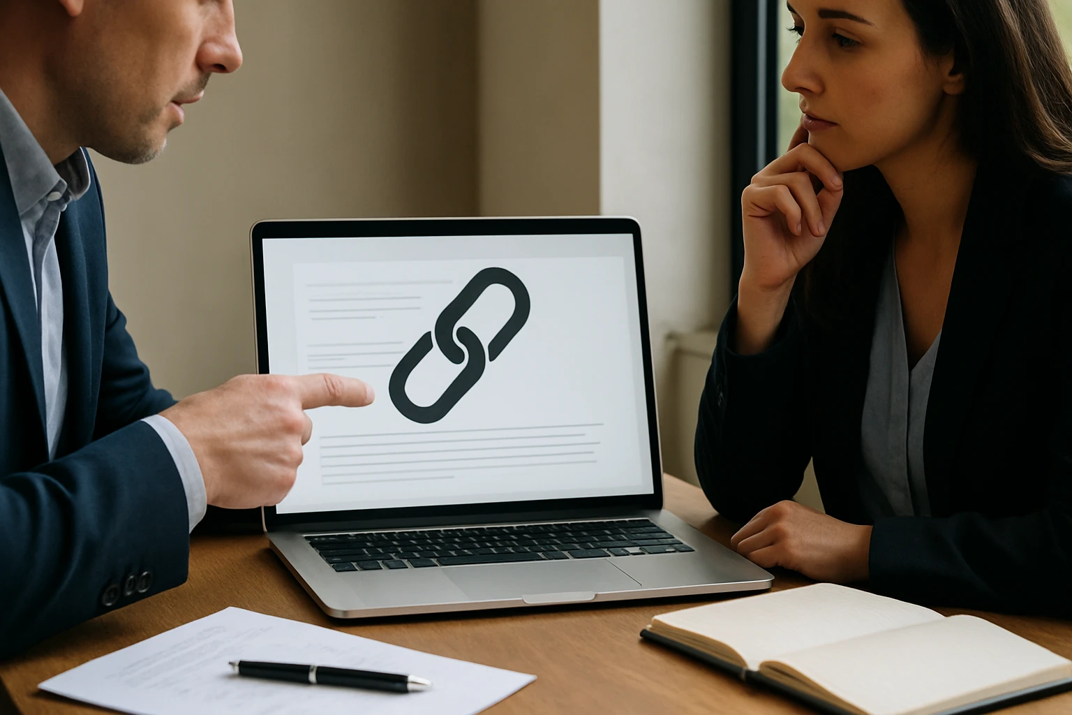 Muž ukazuje na obrazovku laptopu s ikonou prepojenia, žena pozorne počúva.