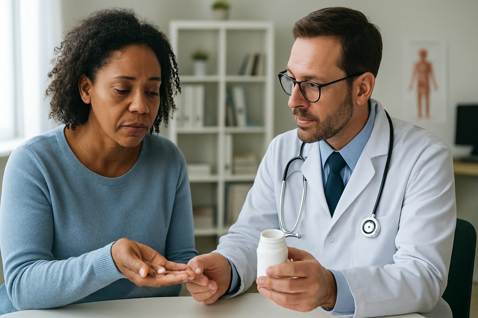 Žena v modrom svetri prijíma lieky od lekára v ordinácii.