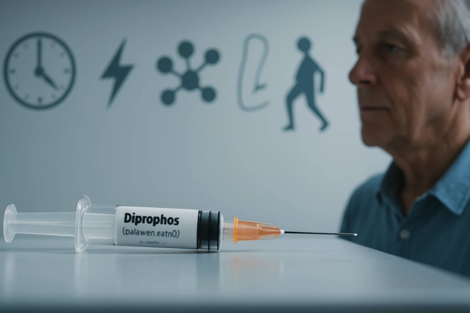 Strieka s názvom Diprophos leží na stole, v pozadí muž a symboly zdravia.