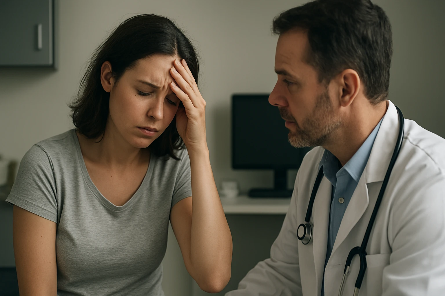 Žena so zlomeným výrazom tváre sedí pred lekárom, ktorý ju počúva.
