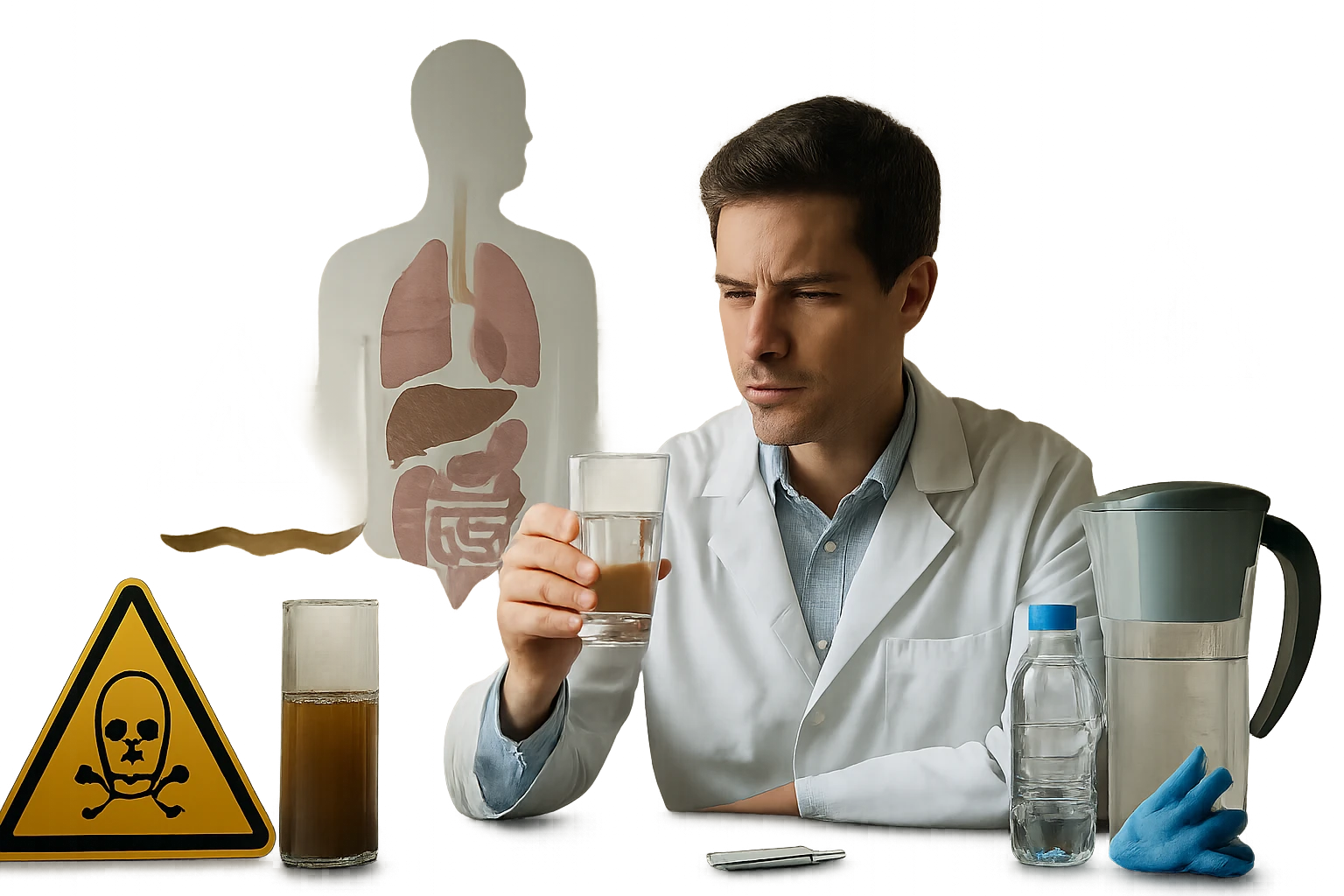 Muž v bielom plášti skúma pohár s vodou, vedľa neho sú varovné symboly.