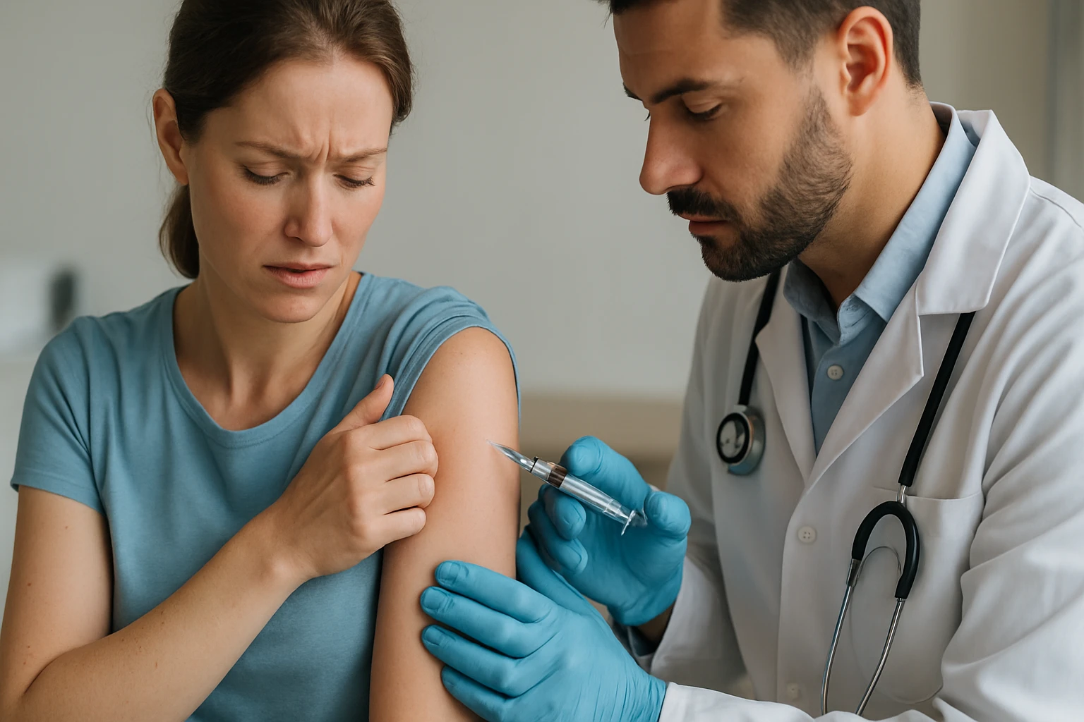 Žena s obavami dostáva injekciu od lekára v bielej plášti.