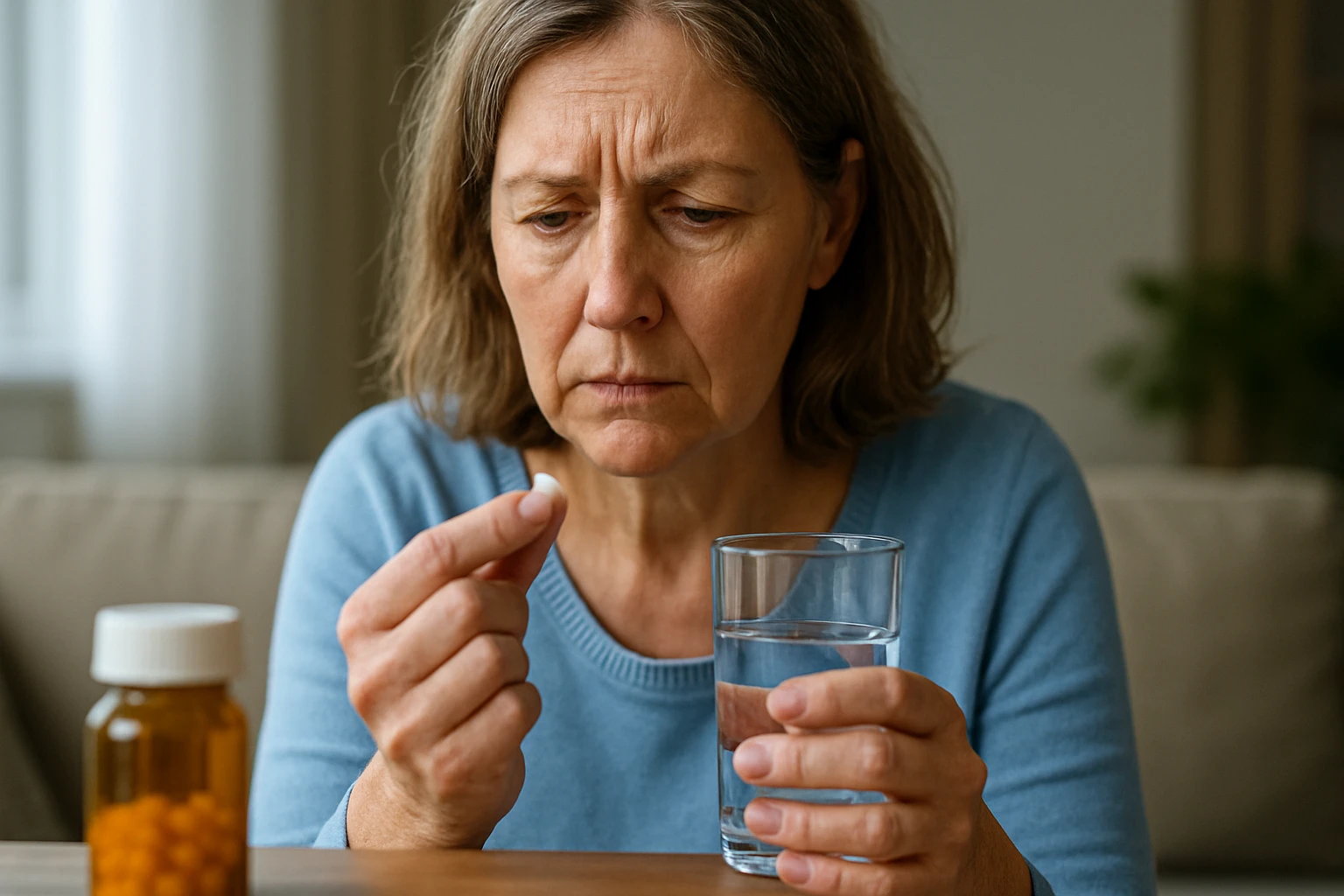 Žena v modrom svetri drží tabletku a pohár vody, zamyslená.