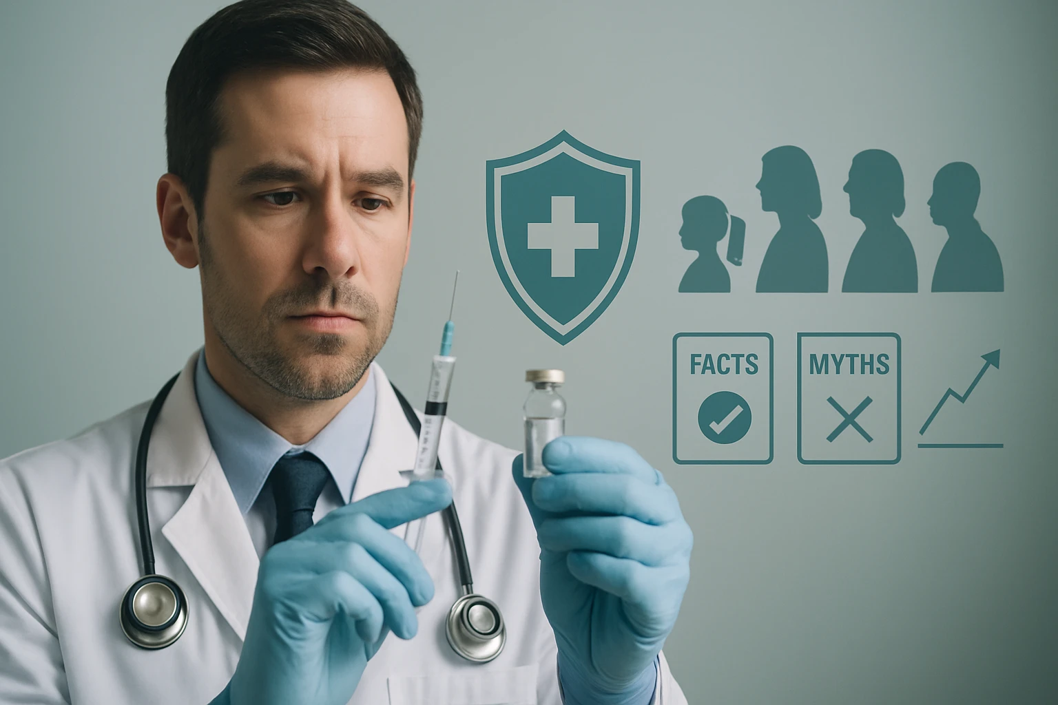 Lekár s injekčnou striekačkou a vakcínou, zameraný na zdravie.