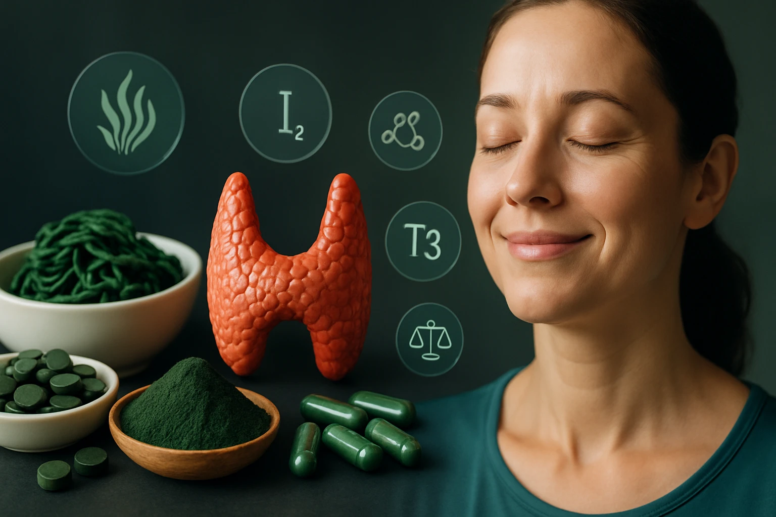 Žena s uzavretými očami, vedľa modelu štítnej žľazy a prírodnými doplnkami.