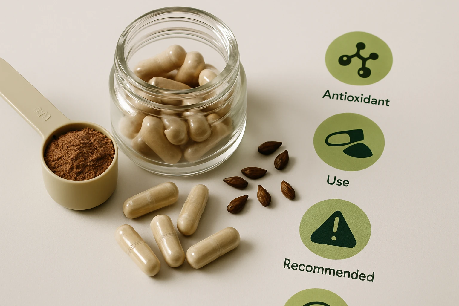 Sklenená nádoba s kapsulami a odmerka s práškom na bielom pozadí.