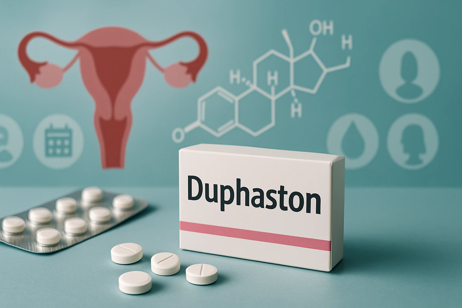 Balenie lieku Duphaston a tabletky na modrom pozadí s grafickými prvkami ženského reprodukčného systému.