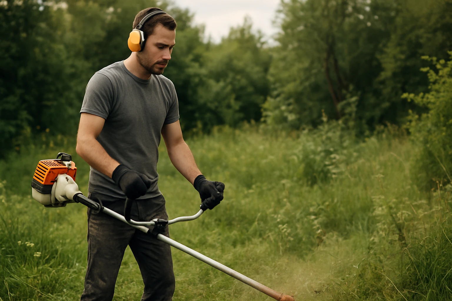 Muž s ochrannými sluchátkami a rukavicami kosí trávu v prírode.