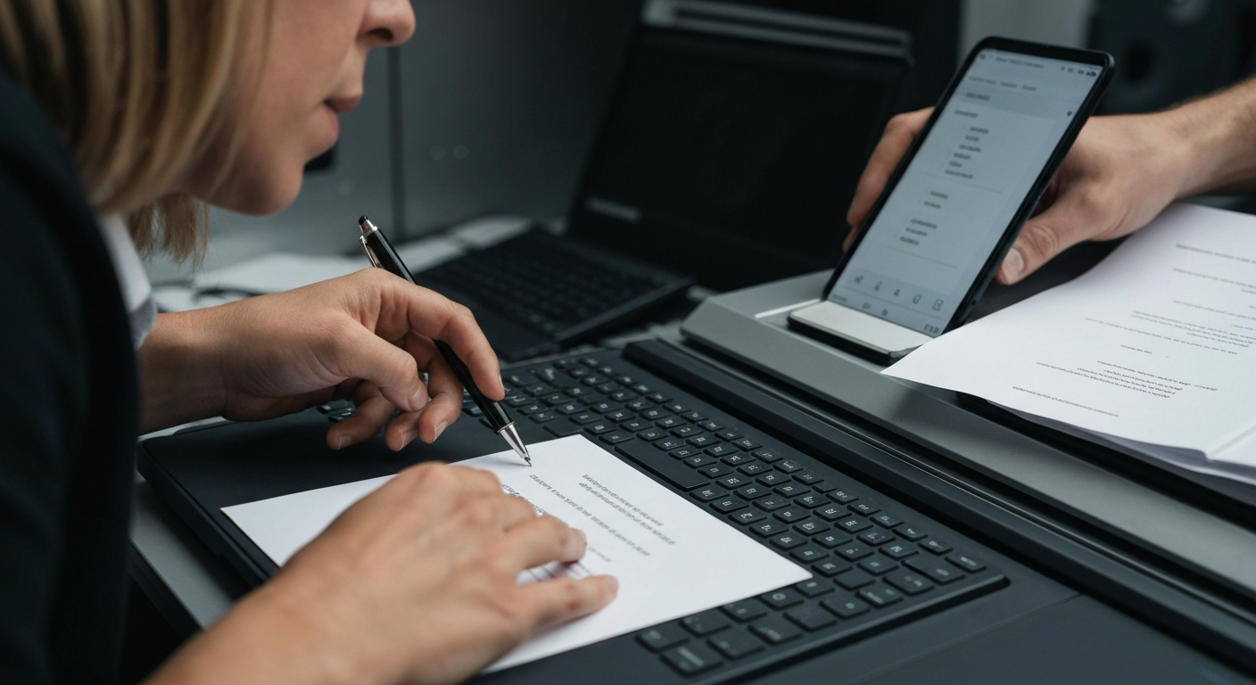 Žena píše poznámky na papieri, zatiaľ čo používa laptop a tablet.
