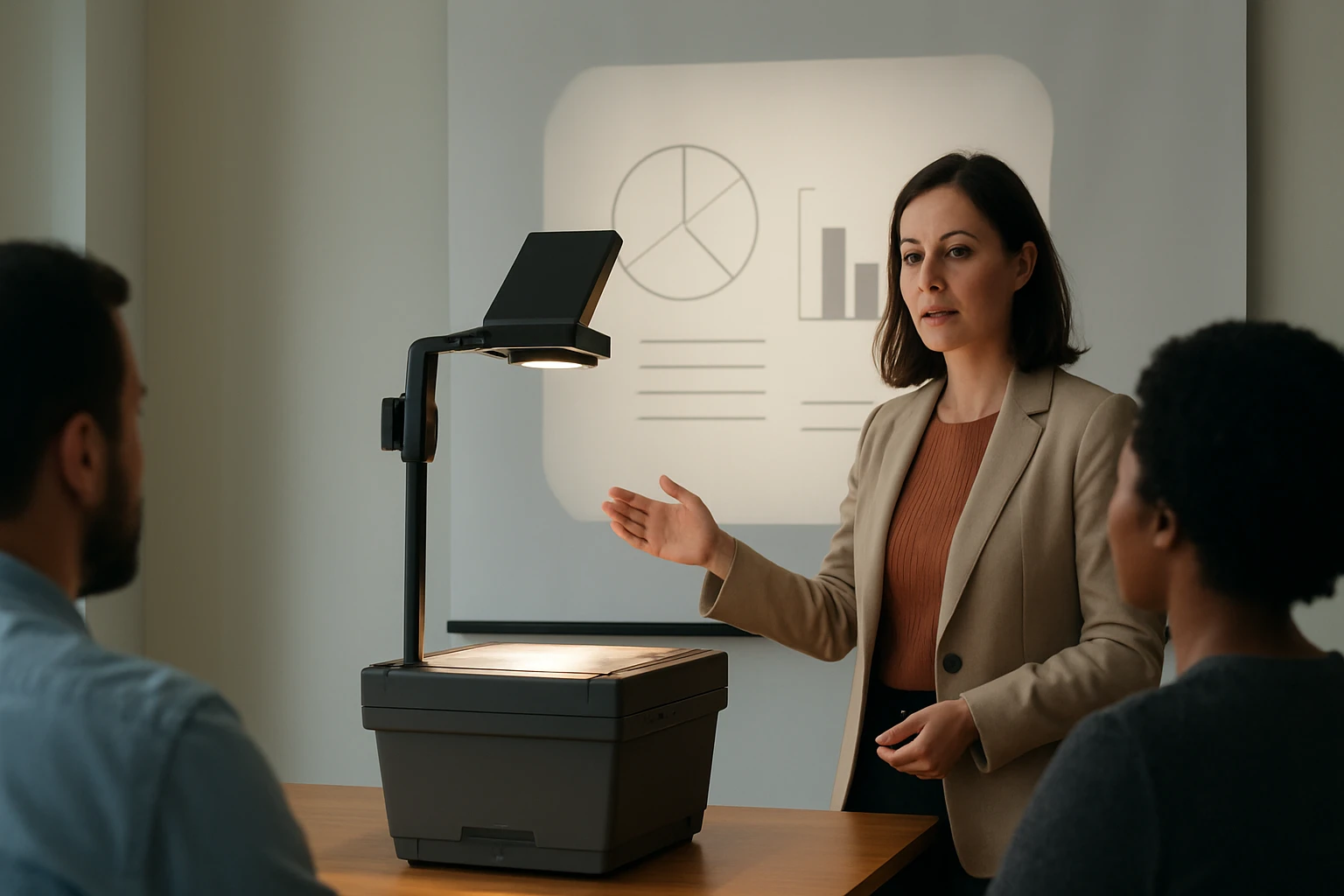 Žena prezentuje grafy a štatistiky na projektore pred dvoma poslucháčmi.