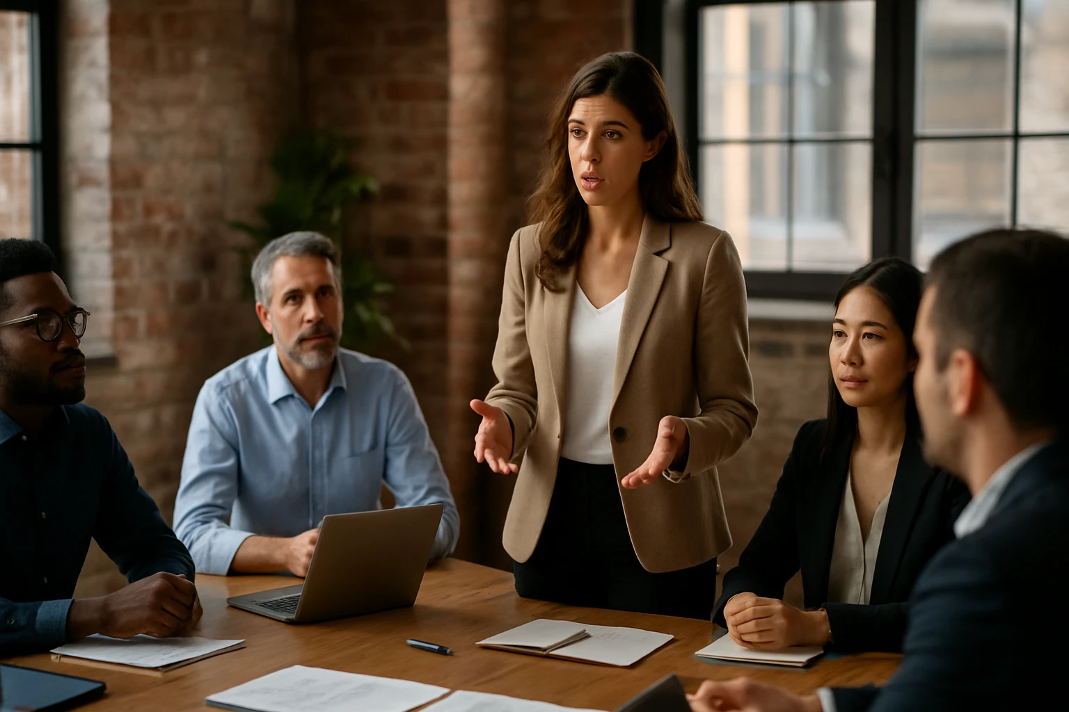 Žena v obleku prezentuje myšlienky pred skupinou v kancelárii.