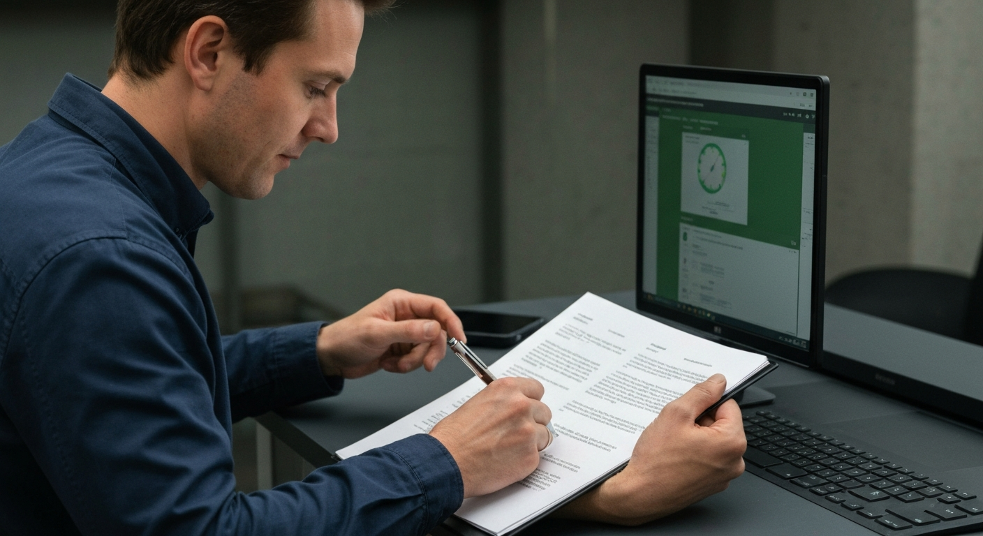 Muž sedí pri stole, číta a robí poznámky na dokumente s laptopom vedľa seba.