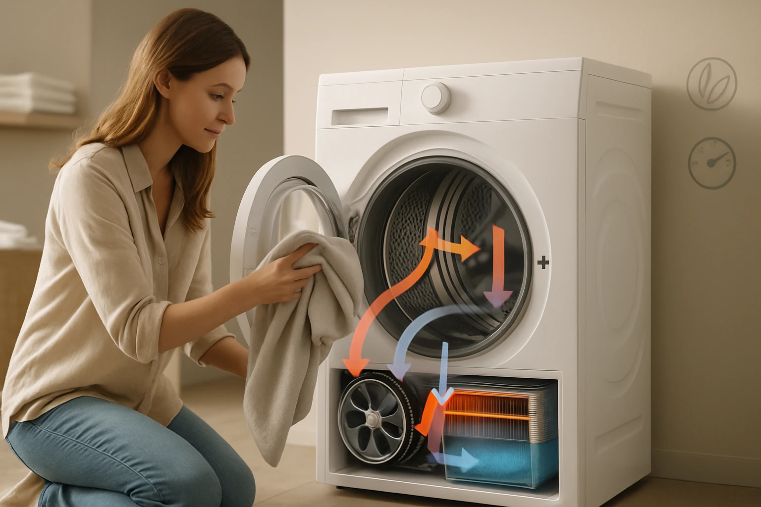 Žena v svetlej košeli vkladá uterák do sušičky bielizne.