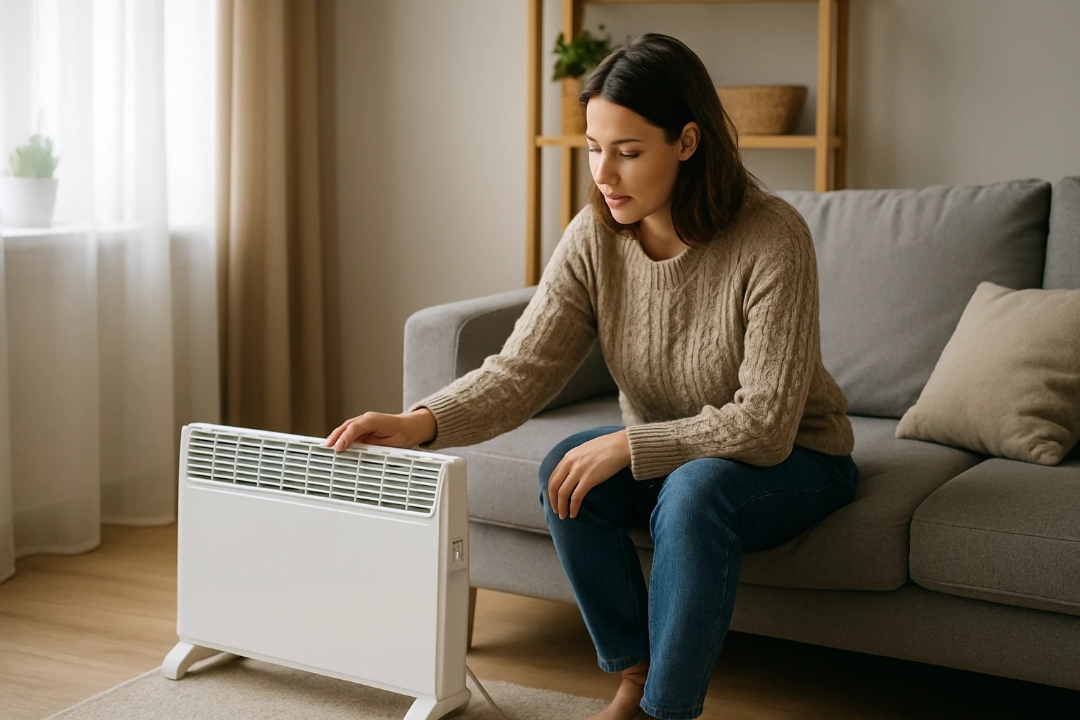 Žena v svetrom sedí pri elektrickom ohrievači v obývacej izbe.