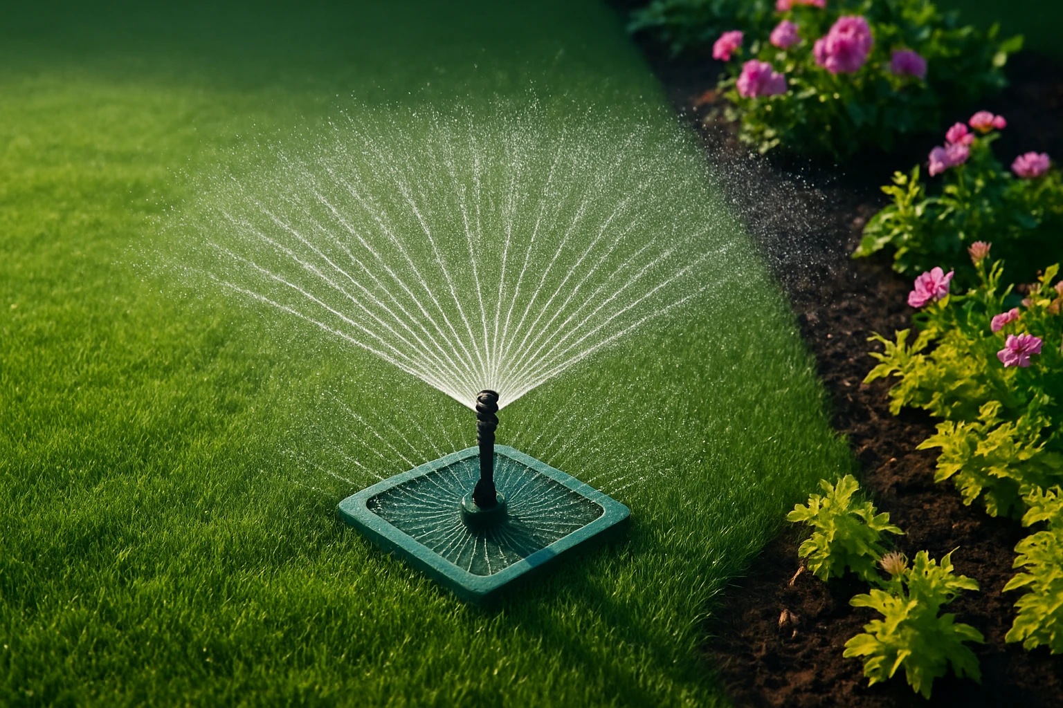 Záhradný zavlažovač striekajúci vodu na trávnik a kvety.