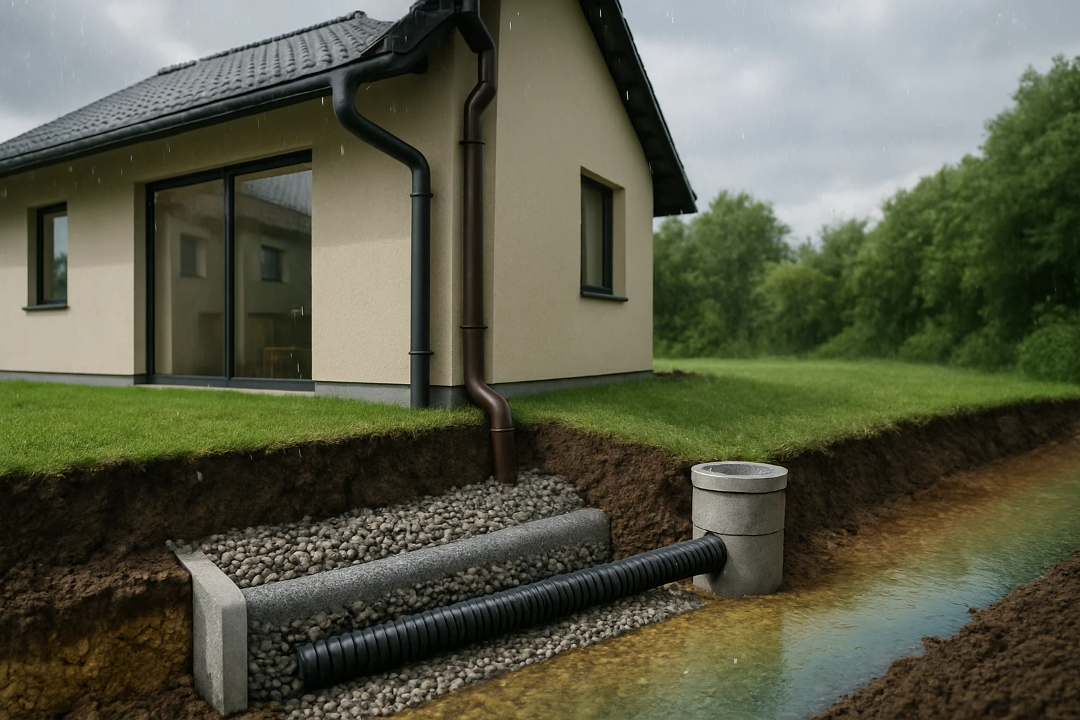 Dom s drenážnym systémom, ktorý odvádza dažďovú vodu a chráni pozemok.