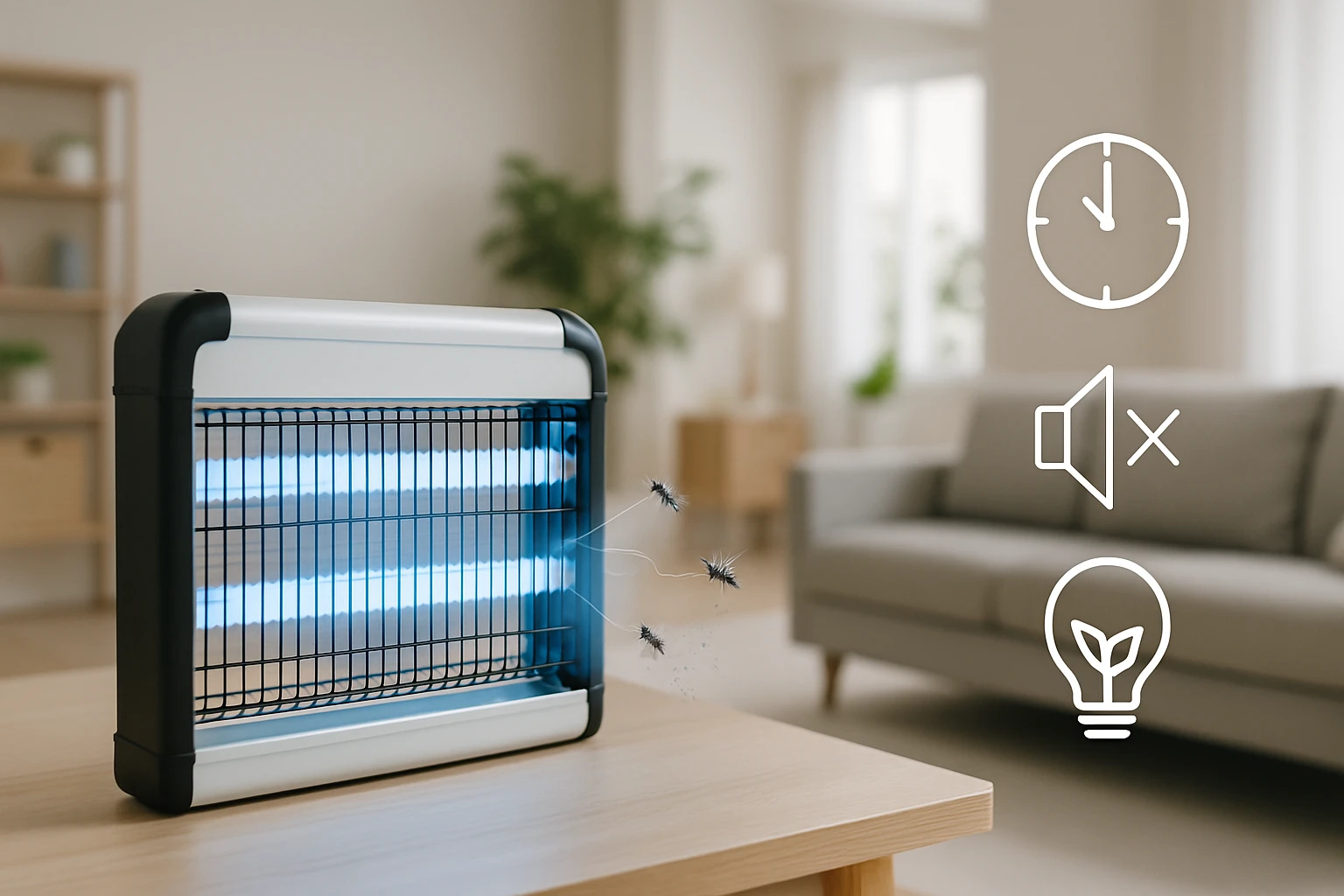 Moderný elektrický odpudzovač hmyzu s modrými svetlami a ikonami funkcií.