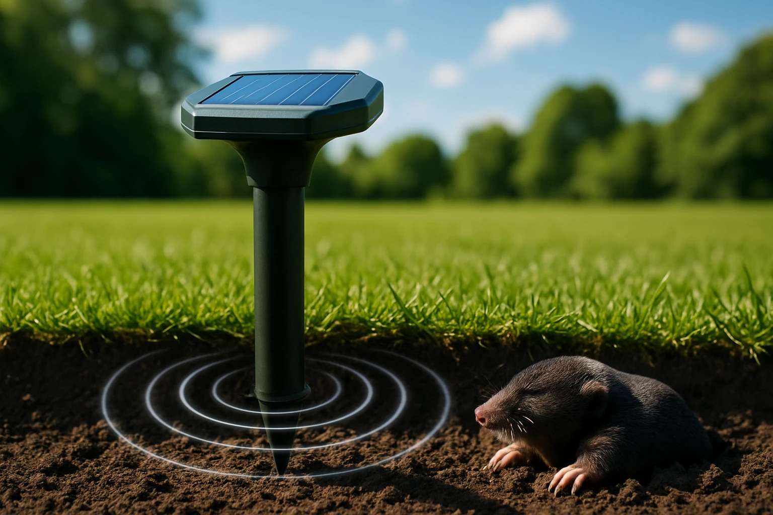 Na obrázku je solárny odpudzovač hlodavcov vedľa krtka na trávnatej ploche.