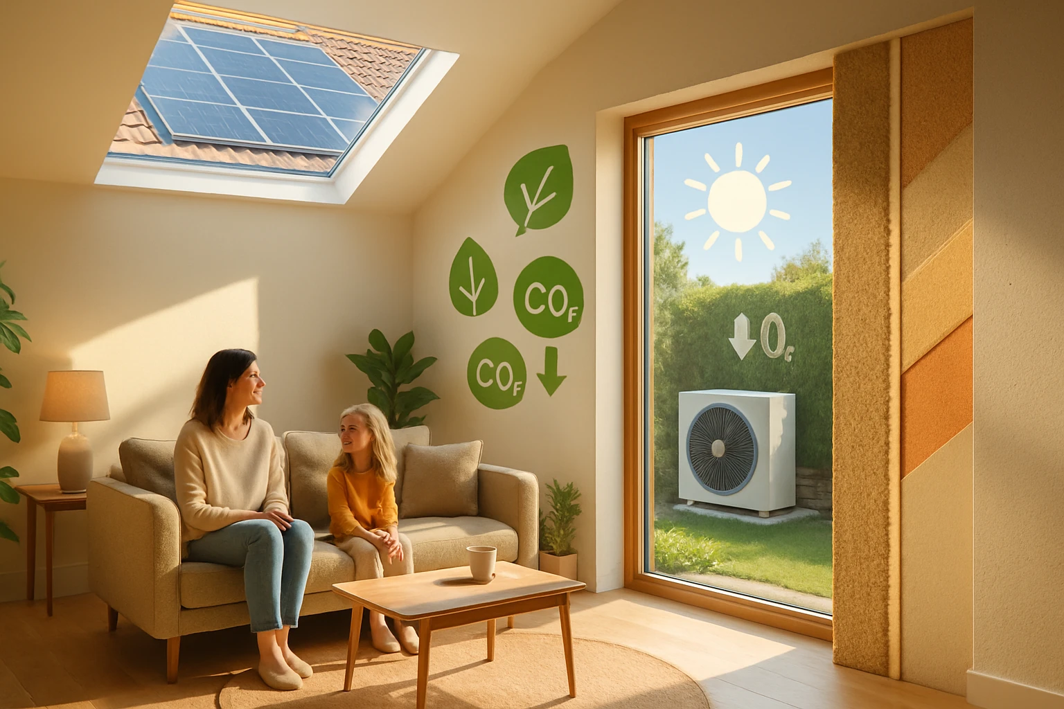 Žena a dieťa sedia na pohovke v ekologicky zariadenej miestnosti s oknom a solárnymi panelmi.