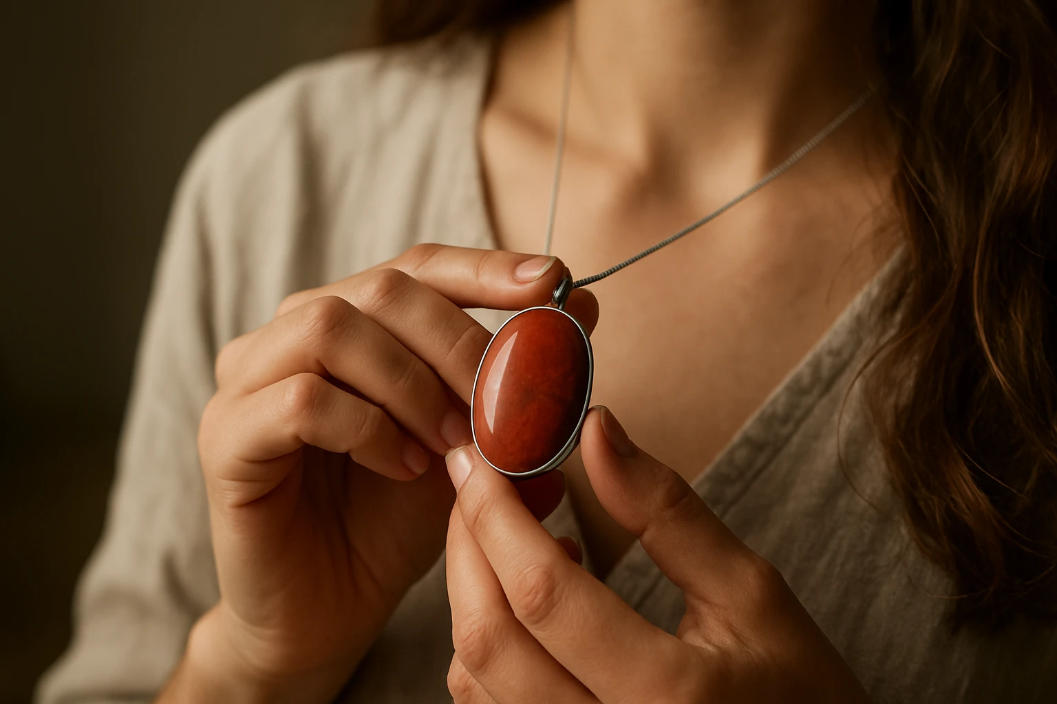Žena drží náhrdelník s oválnym červeným kameňom v striebornom ráme.