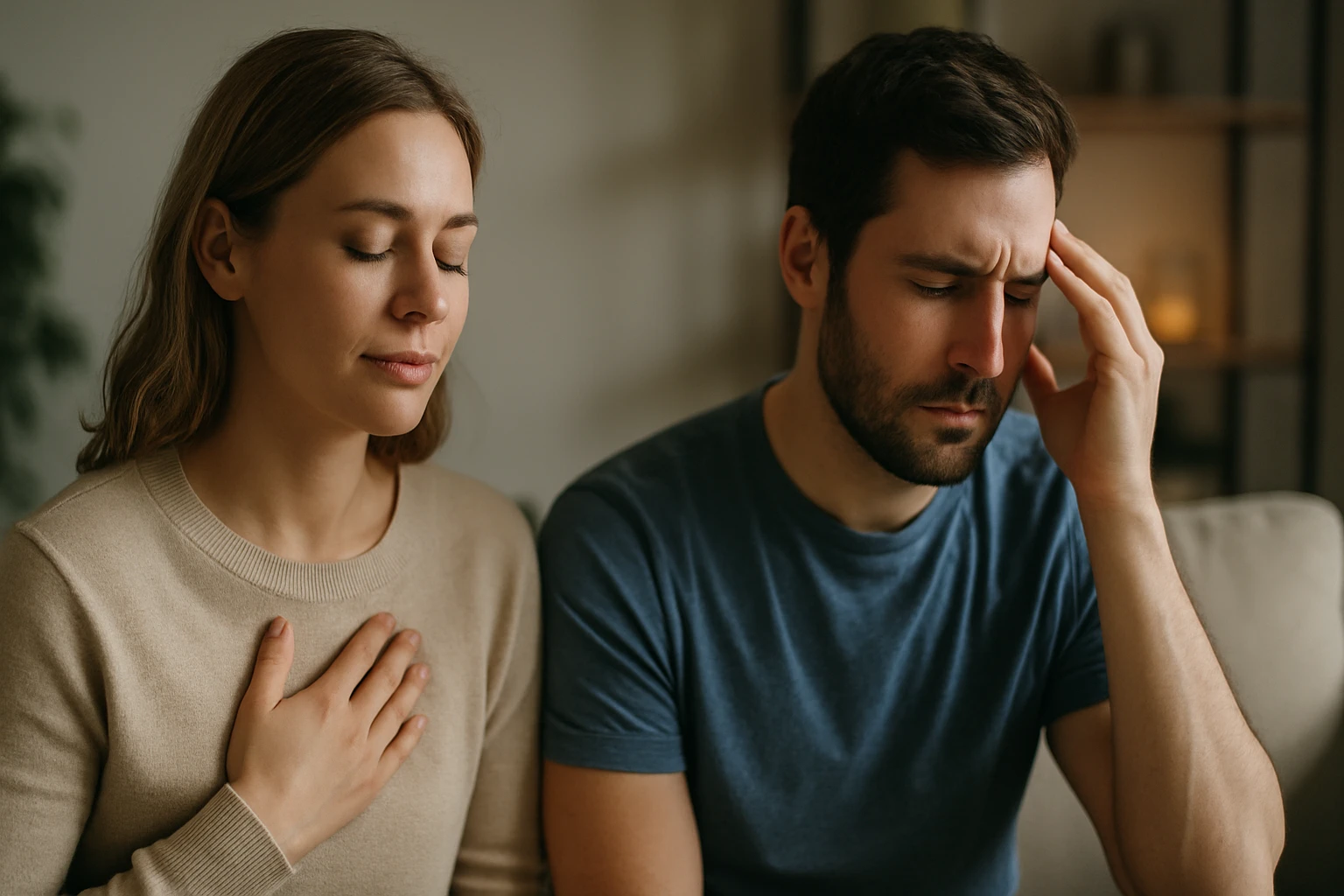 Mladý pár sedí na pohovke, žena so zatvorenými očami a ruka na srdci, muž s bolestivým výrazom.