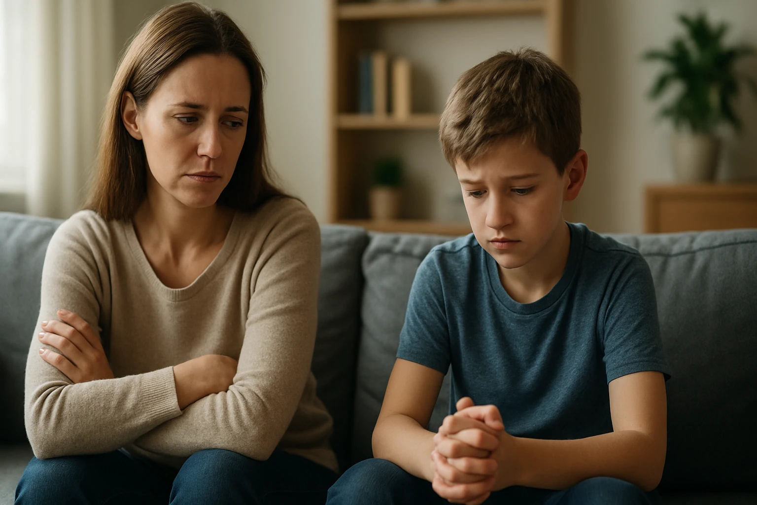 Matka a syn s vážnymi výrazmi sedia na pohovke, vyžarujú napätie.