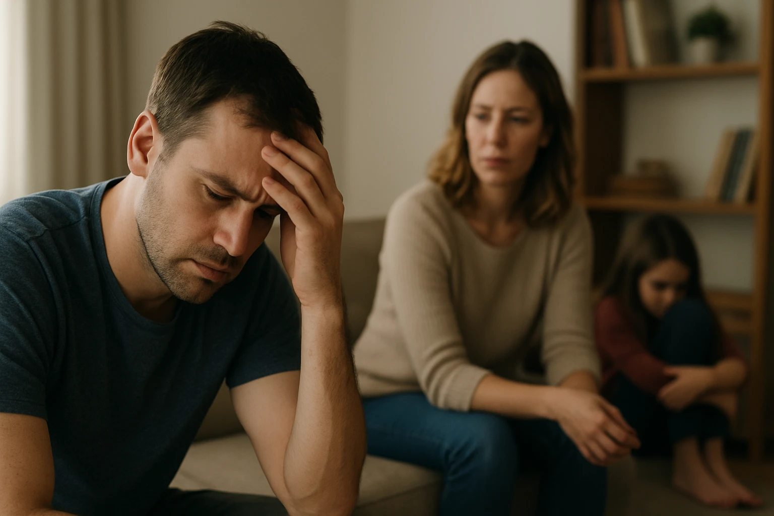Muž so zlomeným výrazom sedí na pohovke, žena a dieťa sú smutní.