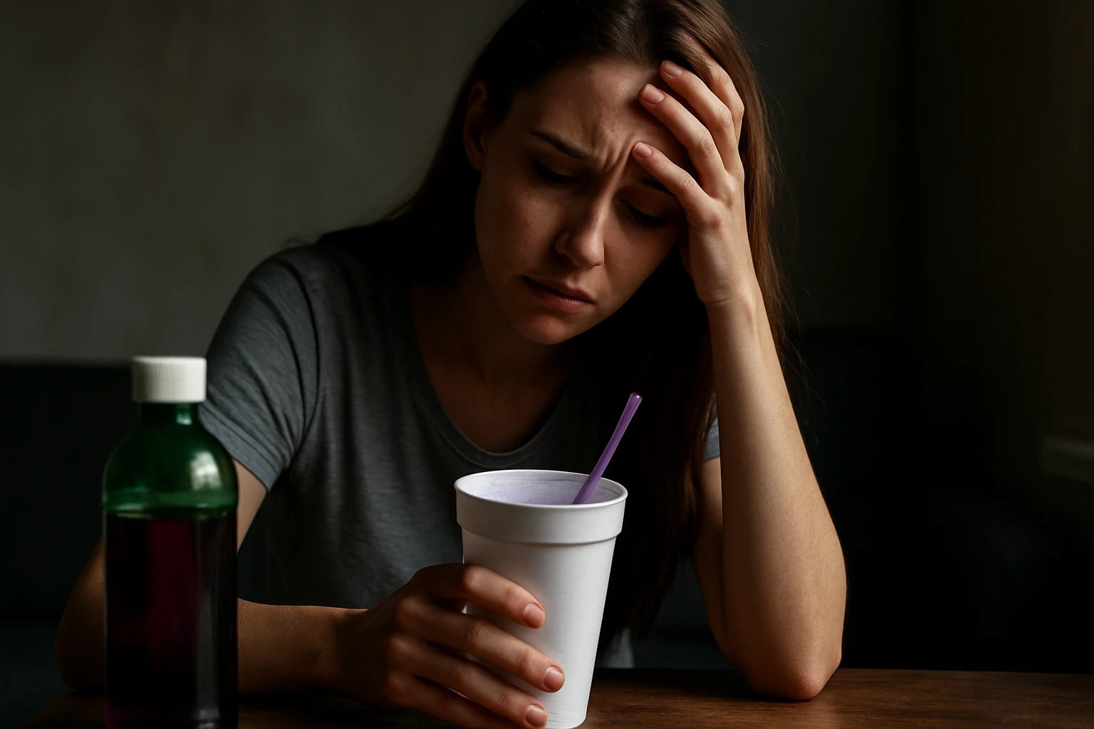 Žena s unaveným výrazom sedí pri stole, drží pohár s fialovým nápojom.
