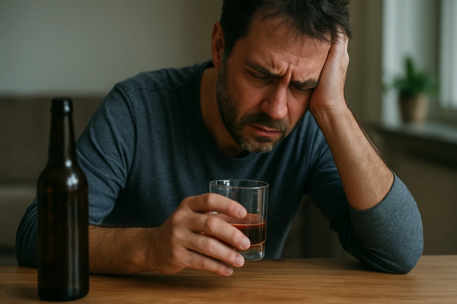 Muž s unaveným výrazom, ktorý drží pohár s nápojom a opiera si hlavu o ruku.