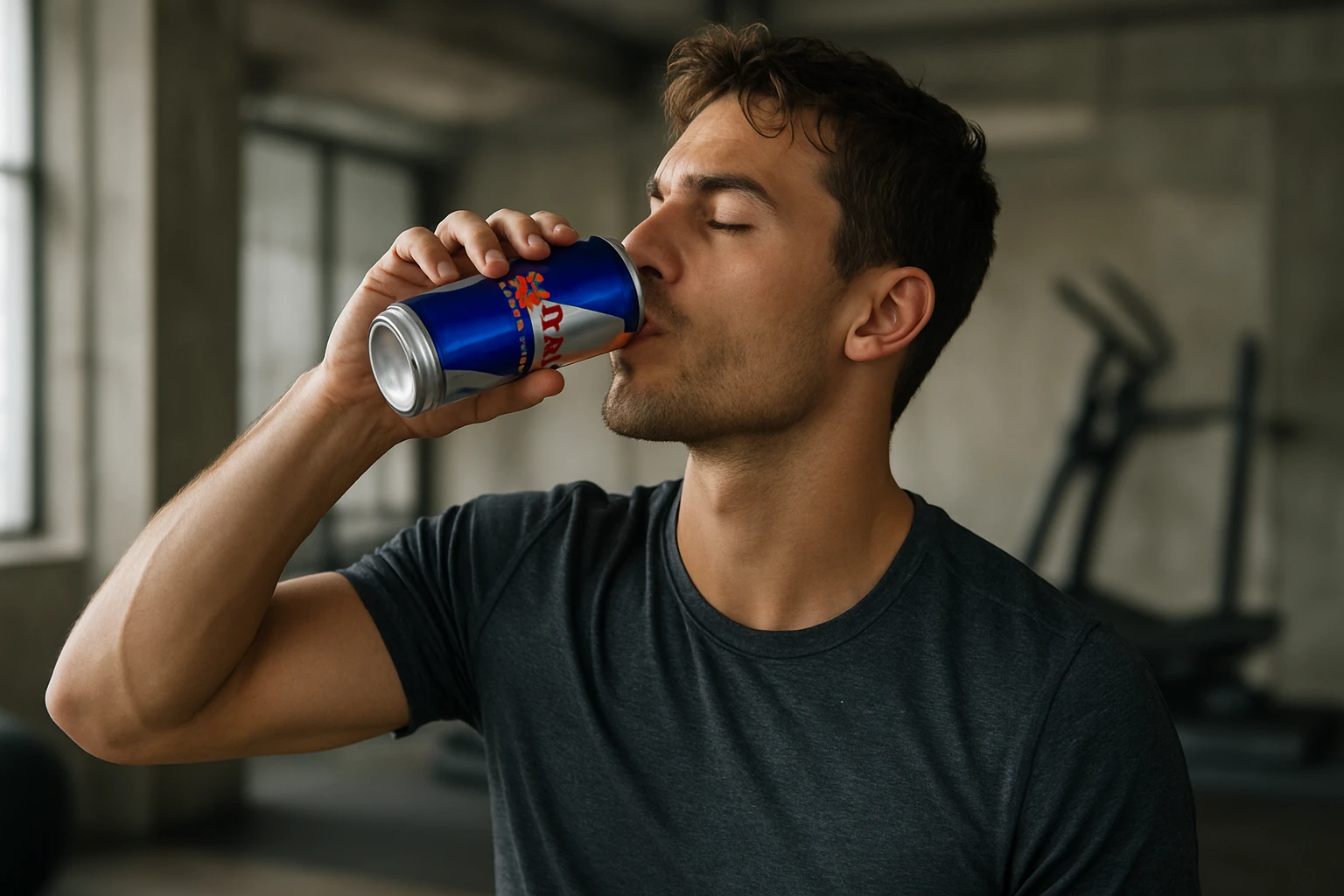 Mladý muž pije energetický nápoj z plechovky v posilňovni.