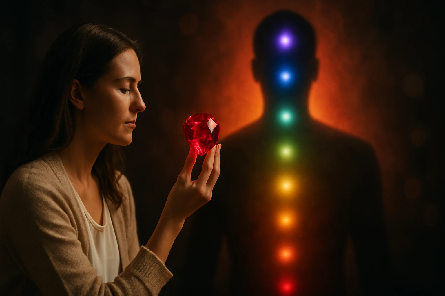 Žena drží červený kameň pred svojou tvárou, za ňou je silueta s farebnými energetickými centrami.