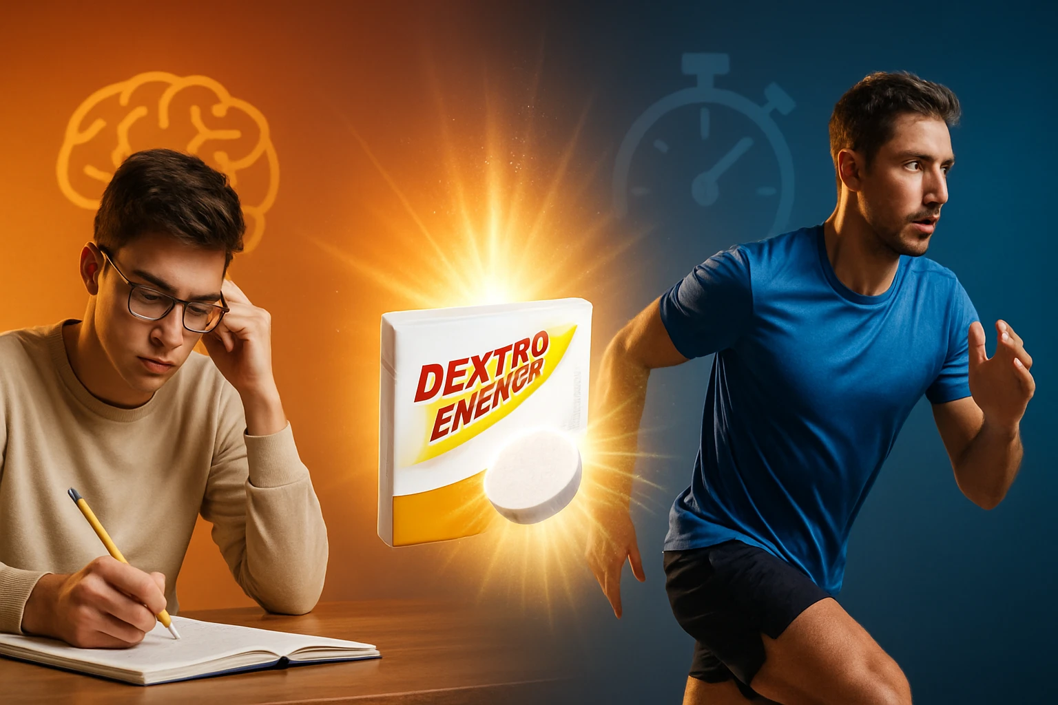 Mladý muž študuje a súčasne sa pripravuje na športový výkon, s produktom Dextro Energy v strede.