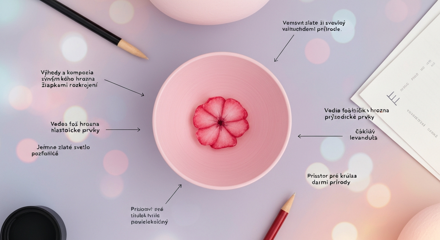 Ružová miska levanduľou a plátkom jahody, okolo ceruzky a papier.