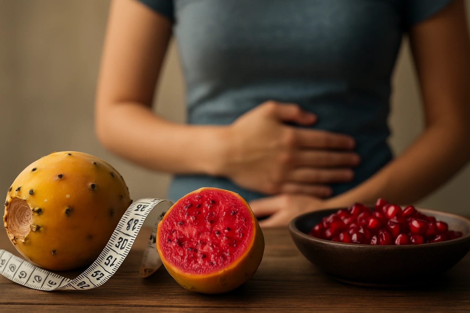 Na stole sú exotické ovocie, ako guava a granátové jablko, vedľa ženy, ktorá si drží brucho.