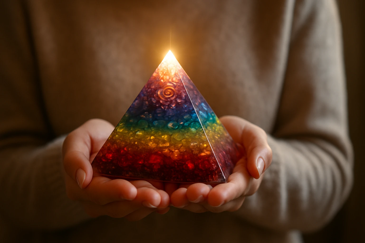 Osoba, ktorá drží farebnú pyramídu s osvetlením na vrchole.