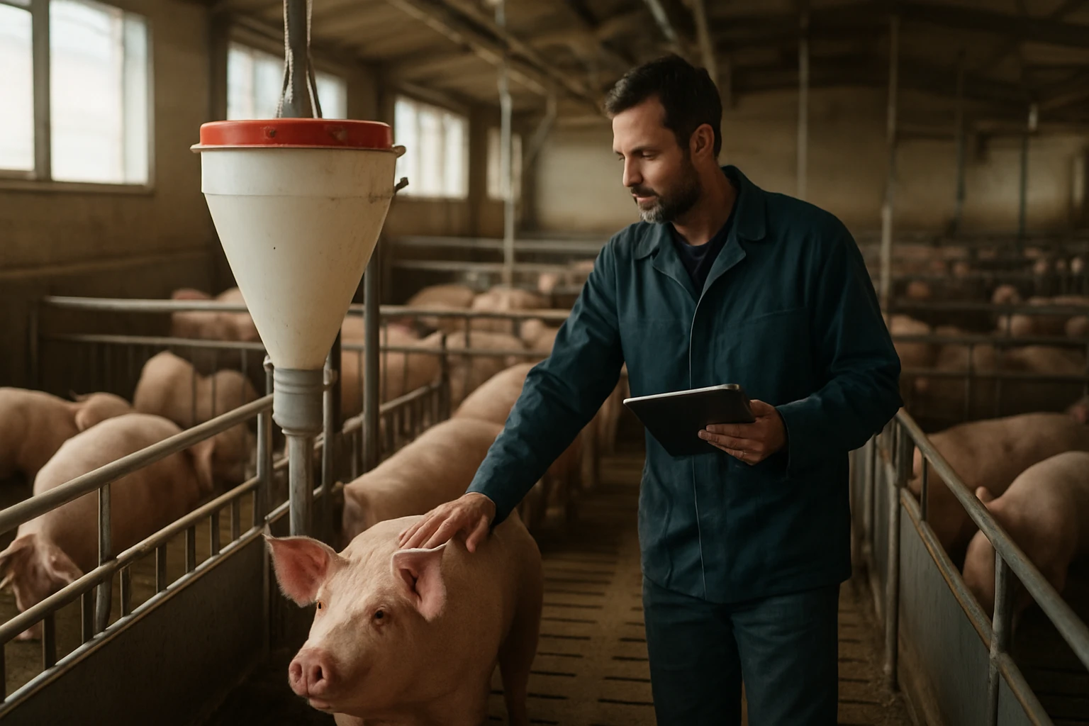 Farmár v modrom plášti hladí prasa v prasiatku, zatiaľ čo kontroluje tablet.