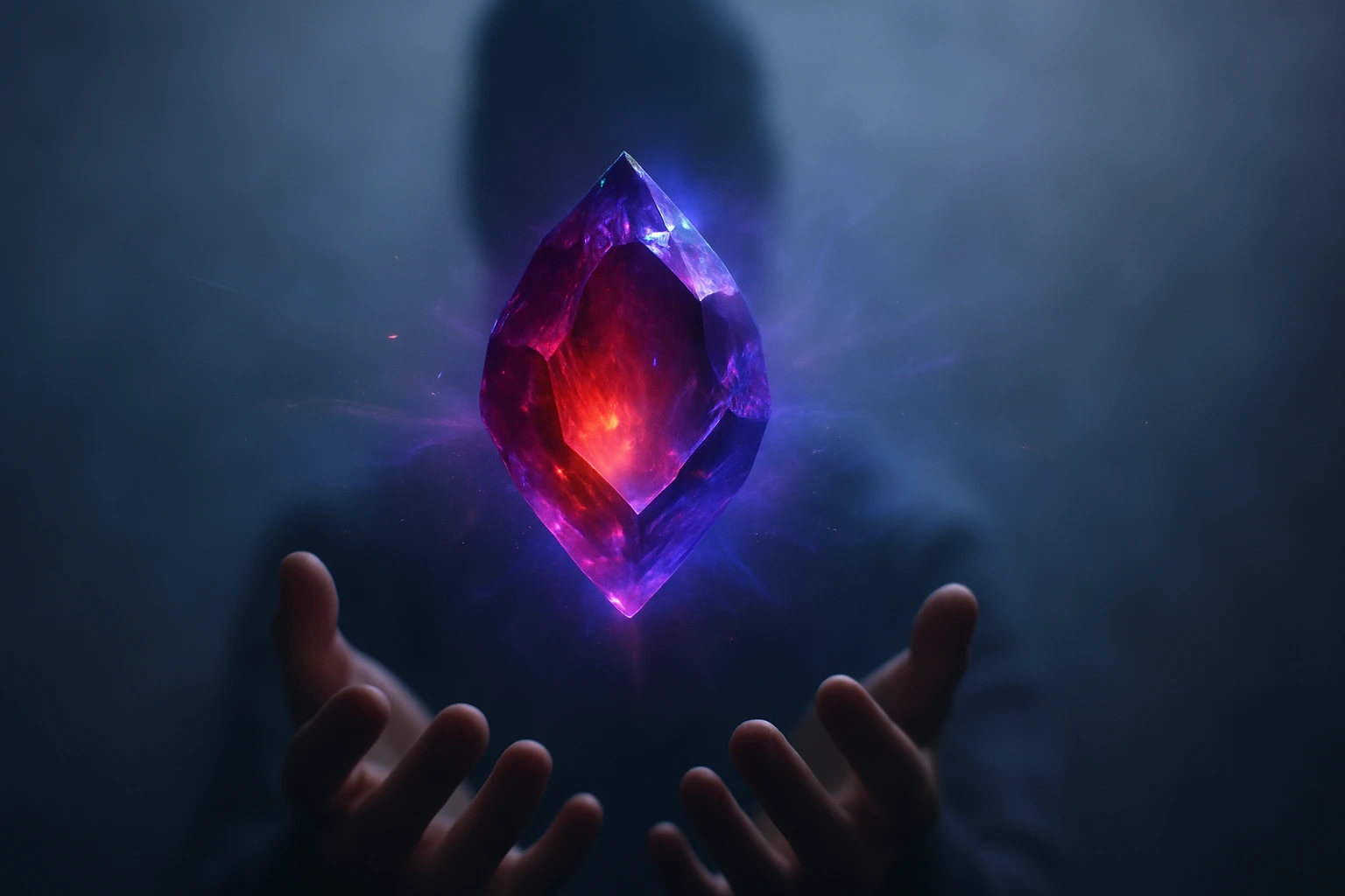 Rúžový, fénylő kristály lebeg egy férfi kezei előtt, misztikus háttérrel.