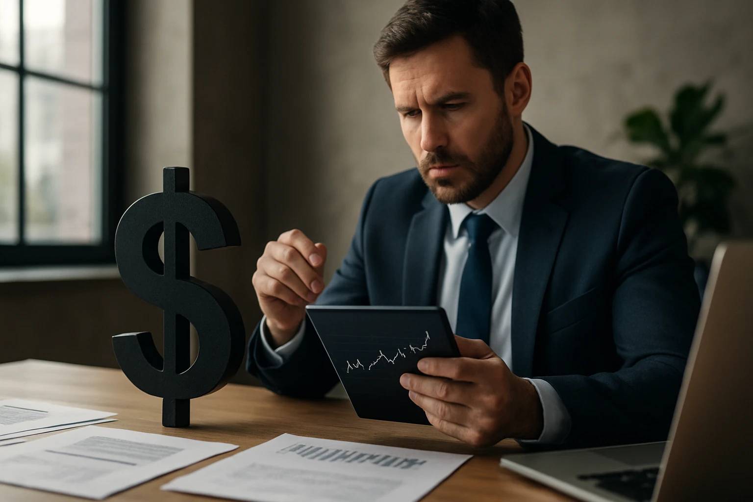 Muž v obleku analyzuje finančné údaje na tablete pri stole s dokumentmi.